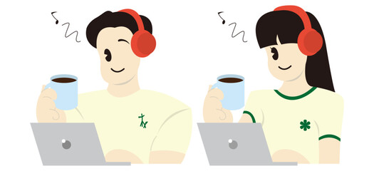 コーヒーを飲みながらノートパソコンで作業する夏服の男女　おしゃれなベクターイラスト