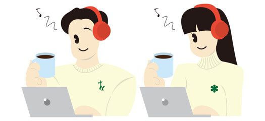 コーヒーを飲みながらノートパソコンで作業する冬服の男女　おしゃれなベクターイラスト