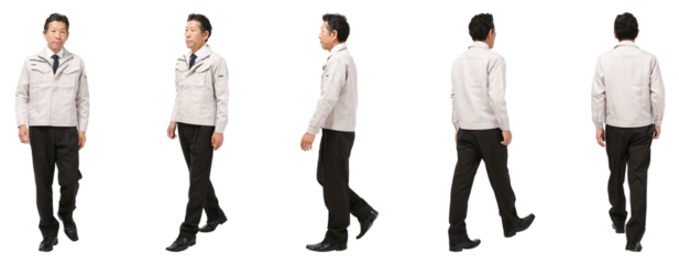 歩く工事作業員　人物全身切り抜き5アングル