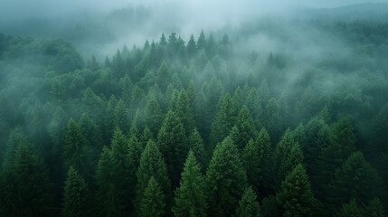 Stunning mist covered forest scenery in high elevation mountains