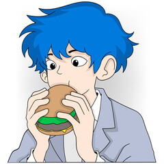 blue hair man eating burger
