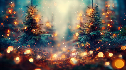 Magical forest with christmas trees and glowing lights.
