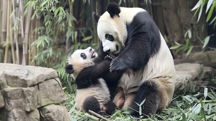 Obraz premium Adorable Panda Dad Engaging in Playtime with His Two Cherished Panda Daughters, Demonstrating the Warmth of Family Bonds.