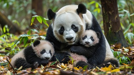 Obraz premium Adorable Panda Dad Engaging in Playtime with His Two Cherished Panda Daughters, Demonstrating the Warmth of Family Bonds.