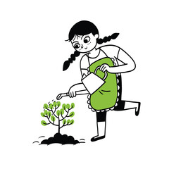 Whimsical Gardening Girl: Cute Garden Illustration for Home and Nursery Decor.