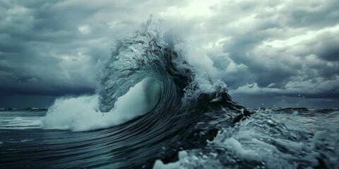 A breathtaking view of a massive blue wave breaking in the sea, capturing the raw power and beauty of the ocean in an outdoor setting