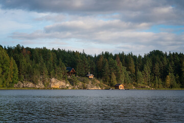 Lake Ladoga near the village Lumivaara on a sunny autumn day, Ladoga skerries, Lakhdenpokhya, Republic of Karelia, Russia