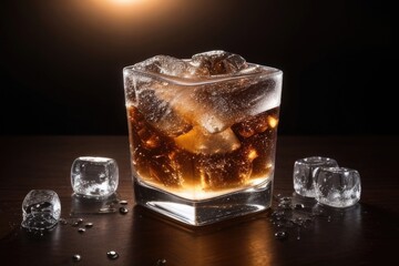 rum with ice cubes over a dark background