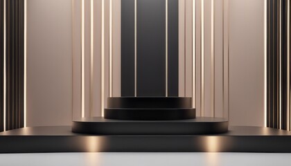 Fototapeta premium Empty black podium pedestal backdrop stage on 3d background of modern product display studio scene 