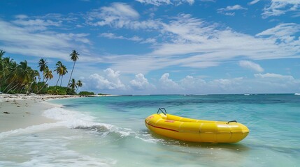 Yellow Inflatable Boat on a Tranquil Tropical Beach