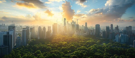 A futuristic cityscape powered entirely by renewable energy sources including wind turbines solar panels and green rooftops The skyline features eco-friendly buildings integrated with sustainable