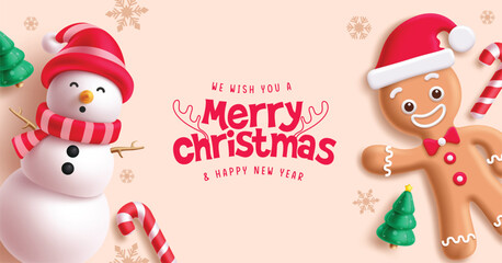 Merry christmas greeting vector design. Christmas snowman and ginger bread cookie characters with candy cane and pine tree decoration elements for greeting card. Vector illustration holiday season 