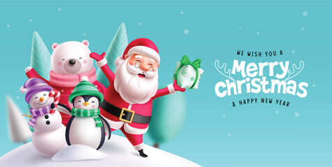 Christmas characters vector banner design. Merry christmas and happy new year greeting text with santa claus, snow man, polar bear and penguin waving character in snow winter background. Vector 