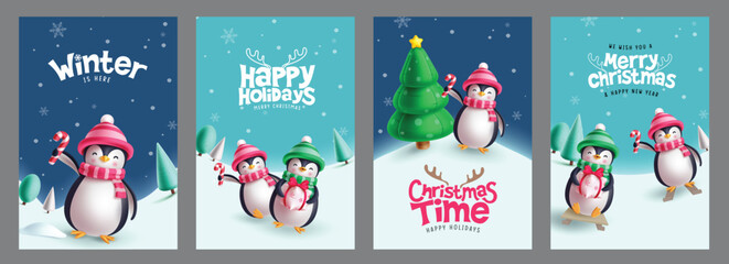Christmas penguin characters vector poster set design. Merry christmas and happy new year greeting card with penguin character in winter background collection. Vector illustration holiday season © AmazeinDesign