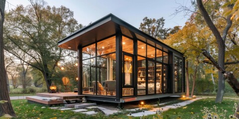 Fototapeta premium Serene Haven: A glass-enclosed forest retreat where nature’s embrace seamlessly merges with architectural elegance, offering a tranquil sanctuary amidst the beauty of the natural world.