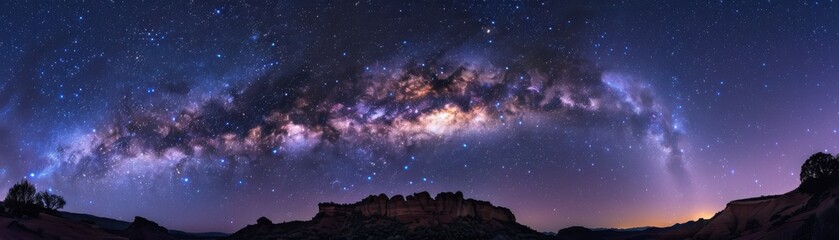 Naklejka premium A breathtaking panorama of the Milky Way illuminated against a dark night sky, showcasing celestial beauty and cosmic wonder.