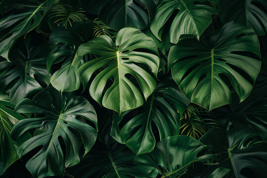 A lush green plant with large dark leaves, tropical leaf large foliage abstract green texture nature background, Tropical bush plant jungle wall background with monstera leaves