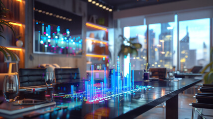 business data statistics virtual display over the table in modern office, business data analysis growth