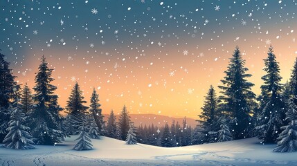 Fototapeta premium Winter Wonderland with Snowy Fir Trees and Sunset Sky