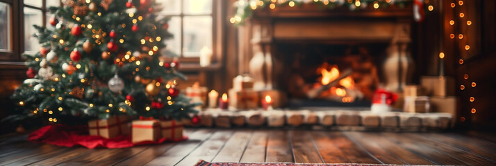 Holiday able with christmas tree and fireplace with copy space.