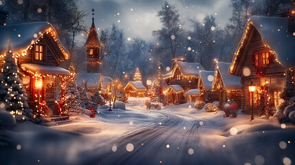The winter christmas village is a beautiful sight. The snow is falling gently and the lights are shining brightly. The houses are covered in sparkling white, and the streets are lined with trees.