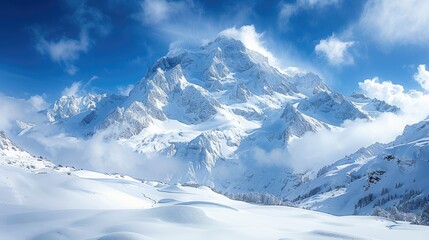 Snow-capped mountains under a blue sky