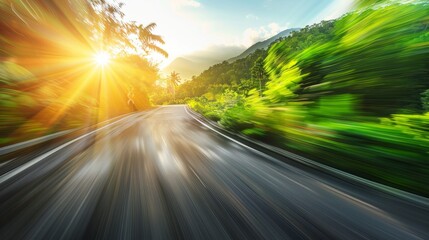 dynamic movement of a road through a lush forest with sun rays generative ai