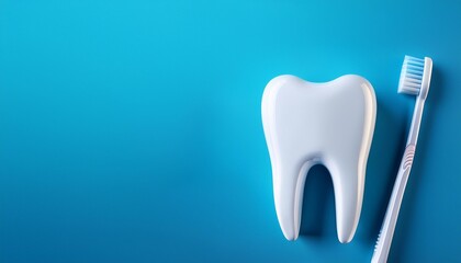 歯の3Dイラストとハブラシとコピースペース（3D illustration of tooth with toothbrush and copy space.）
