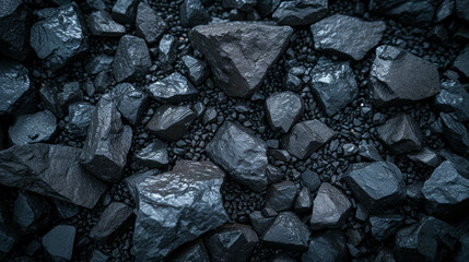 Close-up of shiny black coal rocks texture, top view. Natural mineral resources concept