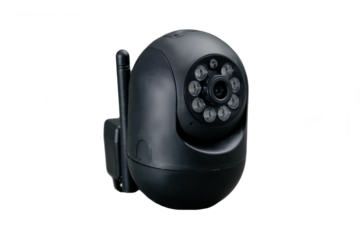 A surveillance camera monitors activities with a video lens, IR for night vision, weatherproof housing, and Wi-Fi or Ethernet connectivity. Features like motion detection and remote access enhance sec