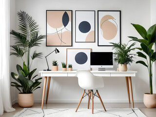 Background of minimal home office workplace in modern apartment decorated by plants and abstract art, copy space