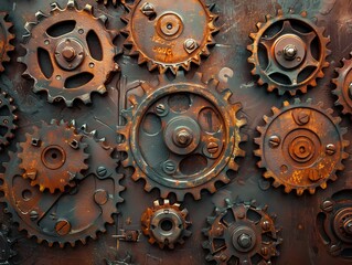 Close-up of rusty metal gears interlocking.