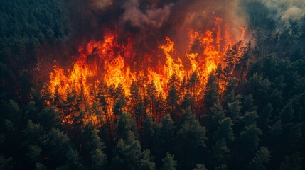 Wildfire engulfing dense forest, aerial view. Natural disaster and environmental impact concept