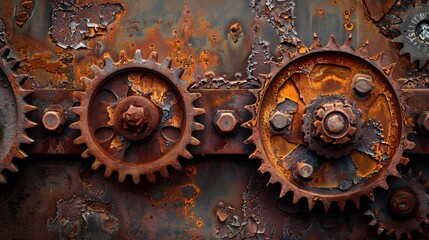 Fototapeta premium Rusty metal gears with peeling paint on a machinery background.