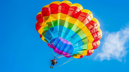 A Vibrant Multicolored Parachute in Mid-air Parasailing in Sky