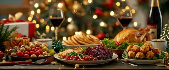 Place Setting With Food And Drinks For Christmas And New Year Celebration Party, Filled With Festive Cheer