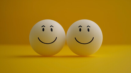 Icons of joy and sorrow on ping pong balls against yellow backdrop Concept of customer contentment or assessment.