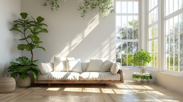 Bright living room with plants and natural light