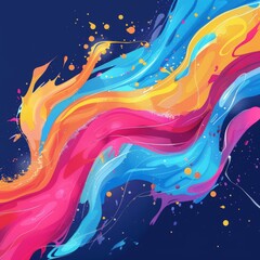 Abstract vibrant blue, pink, yellow and orange paint splatter and streaks on a dark blue background.