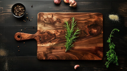 Top view simple single kitchen round cutting board empty on dark background