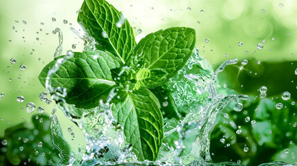 Fresh green mint leaves splashing with water.