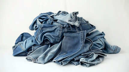 Blue denim jeans arranged in a pile on a white backdrop