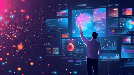 Obraz premium Big data technology and data science. Data scientist querying, analyzing and visualizing complex set on virtual screen. Very cool data flow concept