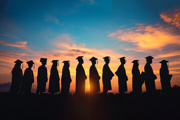 Silhouettes of students with graduate caps in a row on panoramic sunset background. Graduation ceremony at university web banner, class of 2024