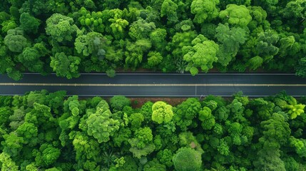 Aerial top view of asphalt road through green forest, healthy rain forest, environment, health, green economy, view of nature ecosystem for save Earth 