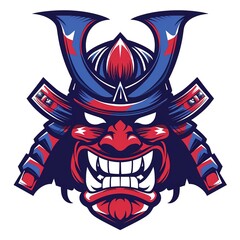 Samurai Warrior Mask Illustration with Red and Blue Color Scheme