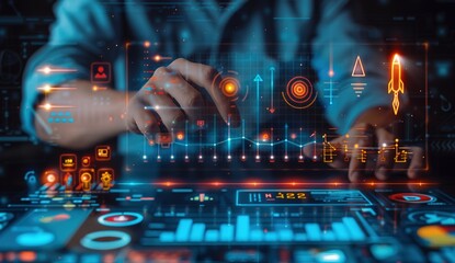 Businessman Touching Rocket Icon with Upward Arrows, Representing Business Growth and Investment, Rocket Soaring Towards Growth Target, Graph Rising with Company Earnings and Financial Success.