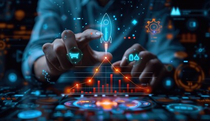 Businessman Touching Rocket Icon with Upward Arrows, Representing Business Growth and Investment, Rocket Soaring Towards Growth Target, Graph Rising with Company Earnings and Financial Success.