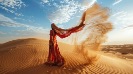 woman in red dress in the middle of the desert