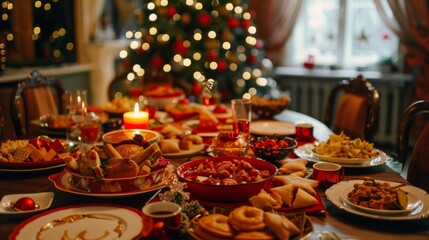 Fototapeta premium Christmas Dinner table full of dishes with food and snacks, New Year's decor with a Christmas tree on the background 